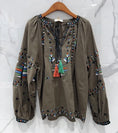 Charger l'image dans la visionneuse de la galerie, Blouse Brodée Kaki Oversize SERENA – Coton Bohème Femme
