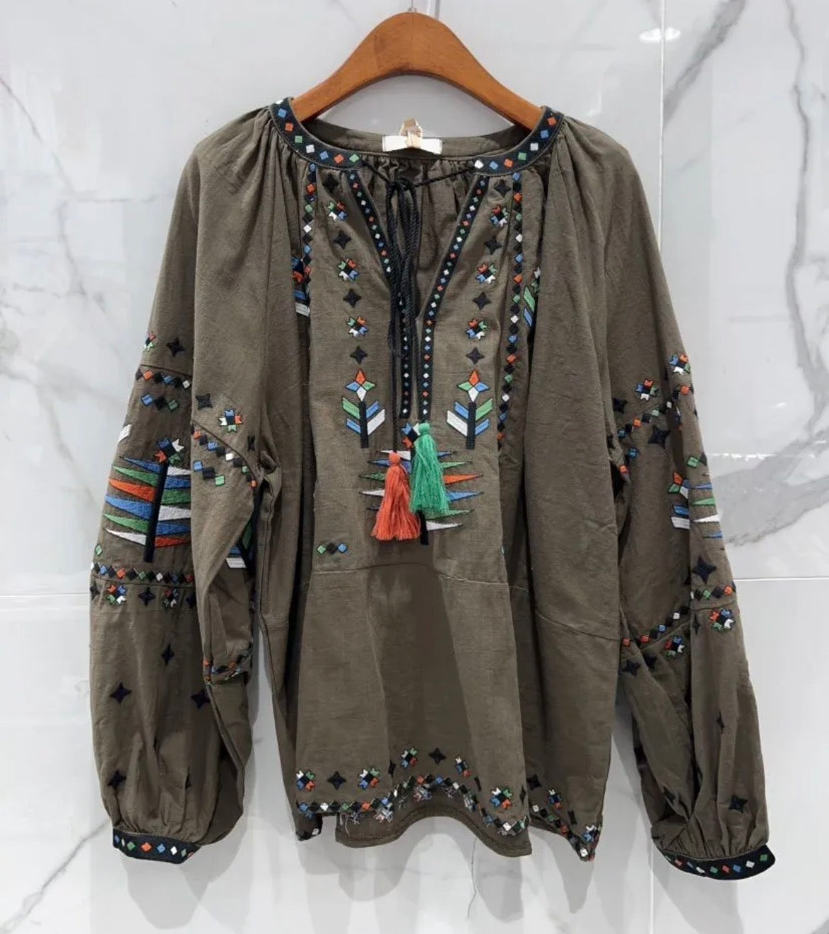 Blouse Brodée Kaki Oversize SERENA – Coton Bohème Femme