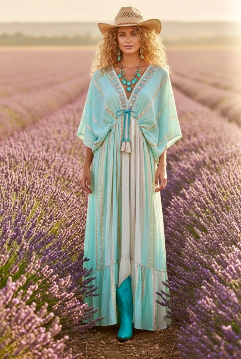 Robe Longue Bohème IMANE | manches Papillon Brodé Perles & Strass 🦋