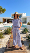 Cargar la imagen en la vista de la galería, Ensemble Pantalon Marinière CHLOÉ – Popeline Coton | Top Col Frou Frou | Resort Été
