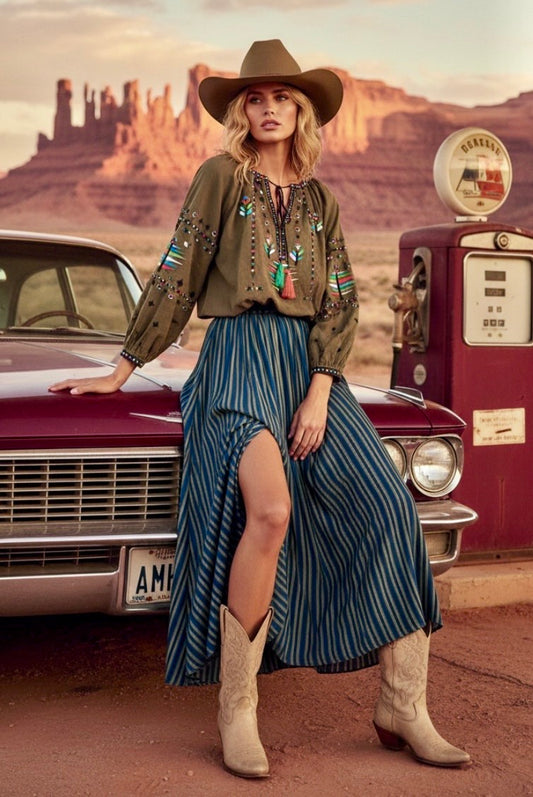 Jupe PERRY Viscose Rayée Bleu Denim