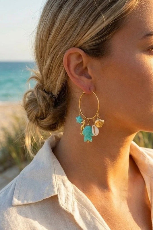 🌊 Boucles d'oreilles créoles TANYA – Or & Turquoise à Pampilles