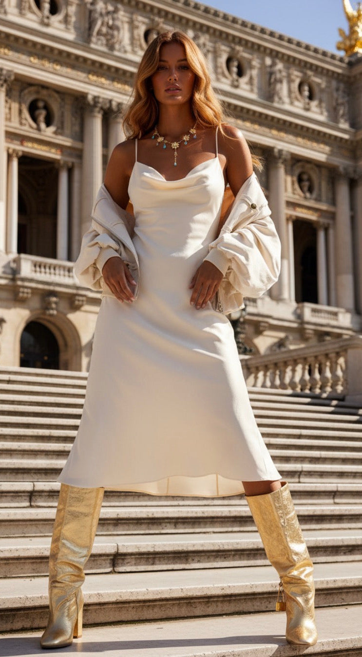 Robe Satinée Soie Crème MÉLANIE – Robe Midi Nuisette
