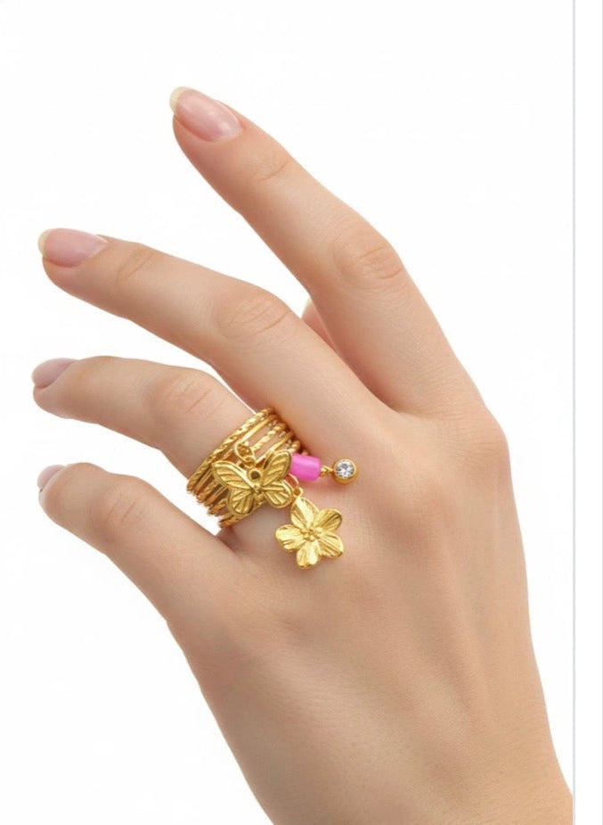 Bague ROSIE — Multi Rangs Dorée Breloques Papillon & Fleur🌸