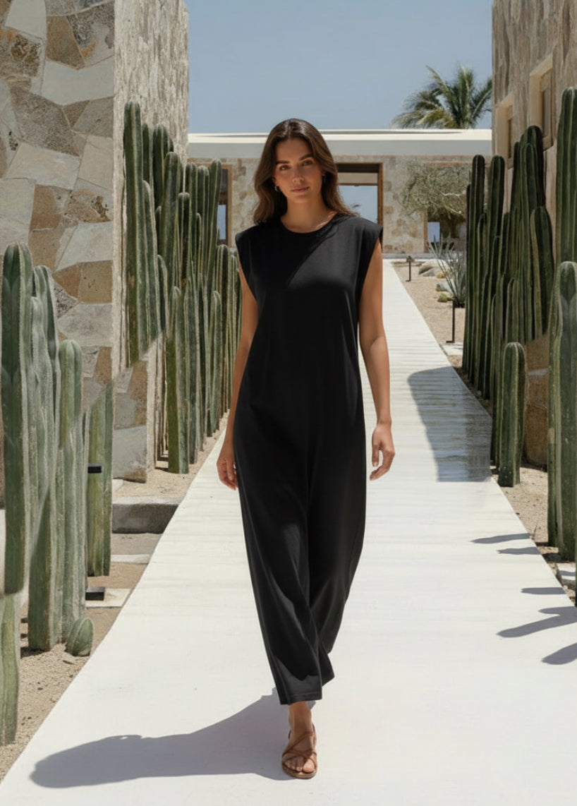 Robe Longue de Plage LADY – Coton Extensible | Col Rond | Élégance Intemporelle Resort