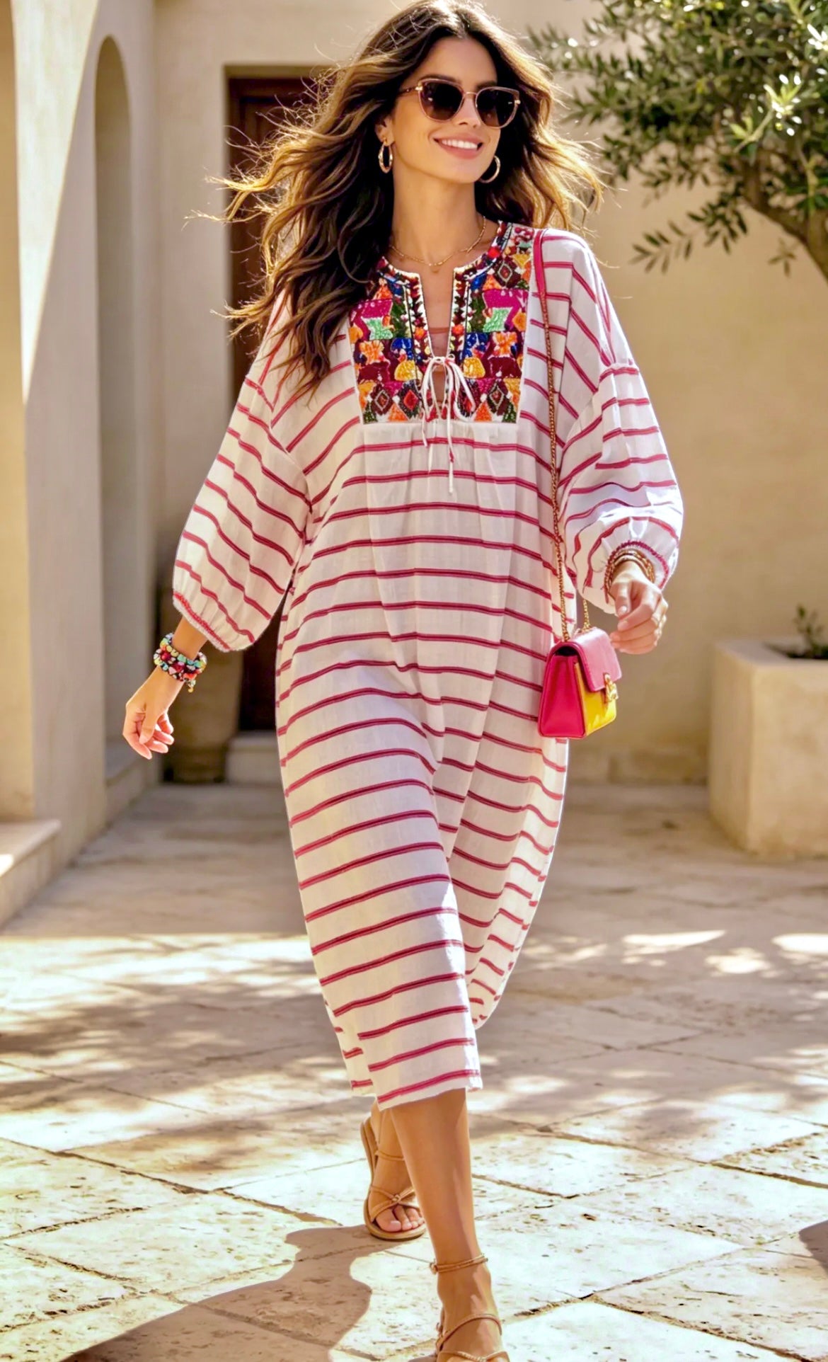 Robe Caftan Bohème ANITA – Rayures Rose & Blanc à Paillettes