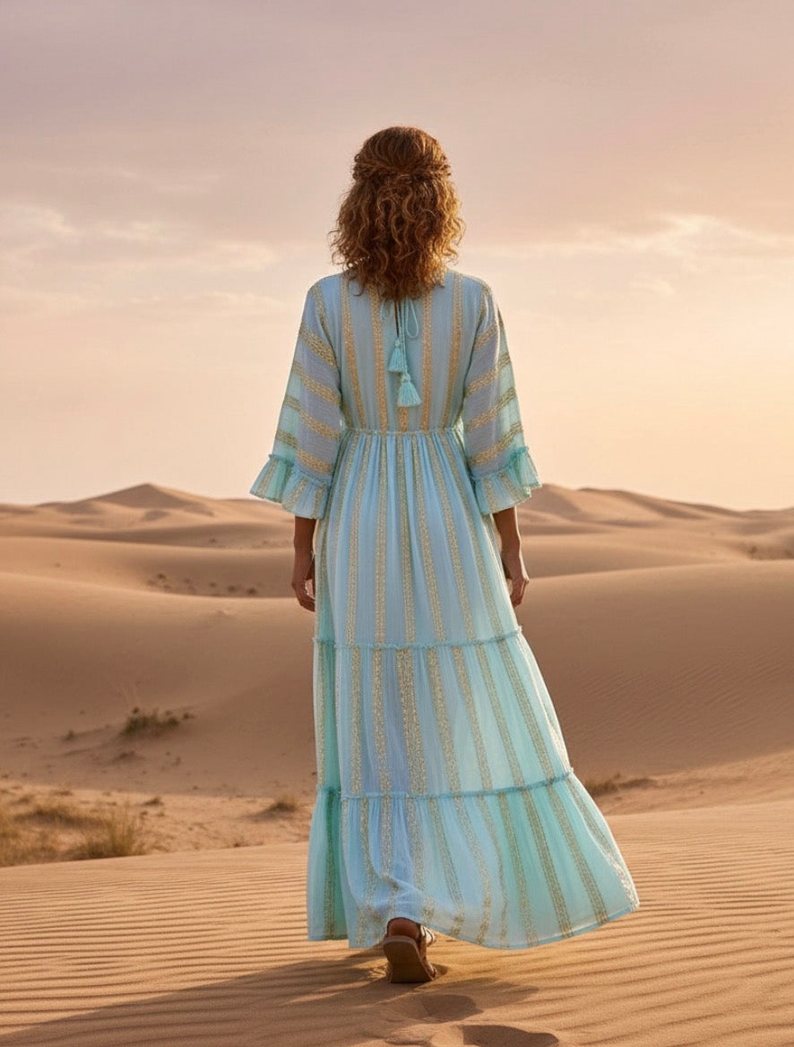 Robe Longue Bohème Gypsy EVA – Tie & Dye Aqua | Paillettes