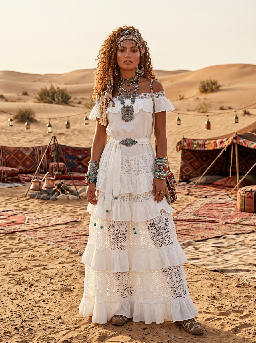 Robe Boho gipsy Blanche ESMERALDA | Dentelle & volants| Hippie Chic