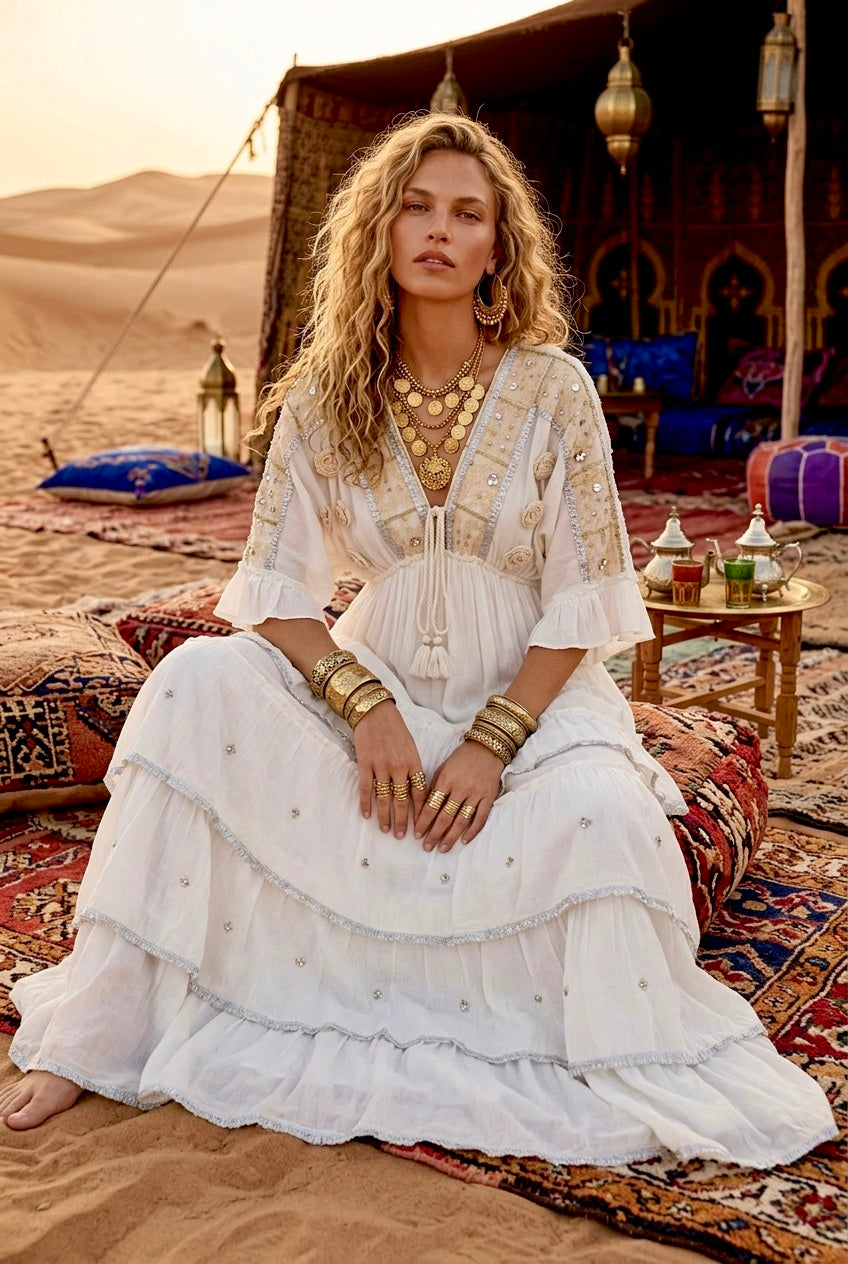 Robe Longue Bohème Gypsy Tzigane à Volants | Broderies & Paillettes✨
