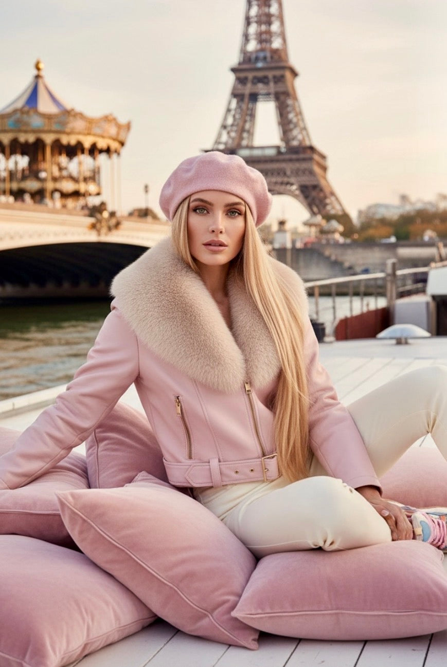 Perfecto effet cuir Rose Col Fausse Fourrure – Blouson LAURIE