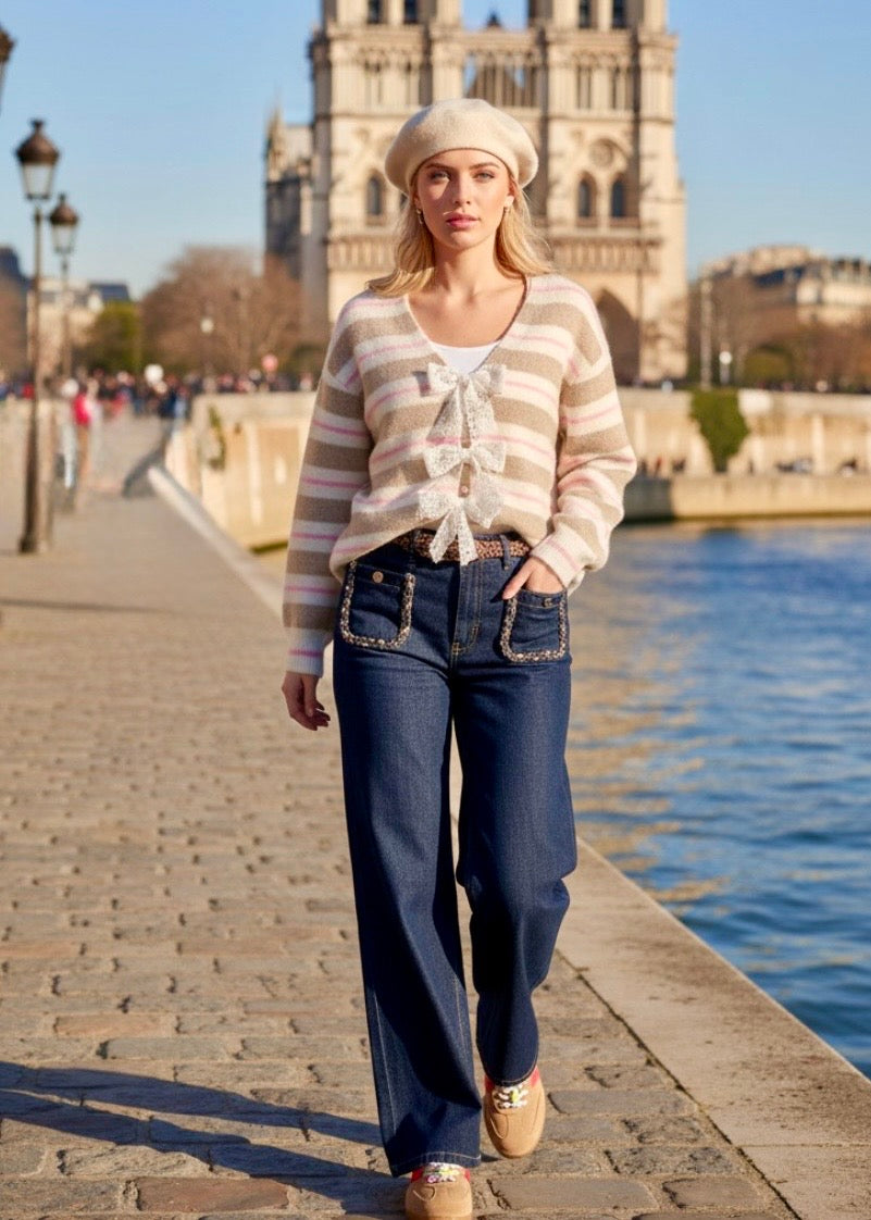 Cardigan rayures beige et rose nœuds dentelle AGNÈS 🎀