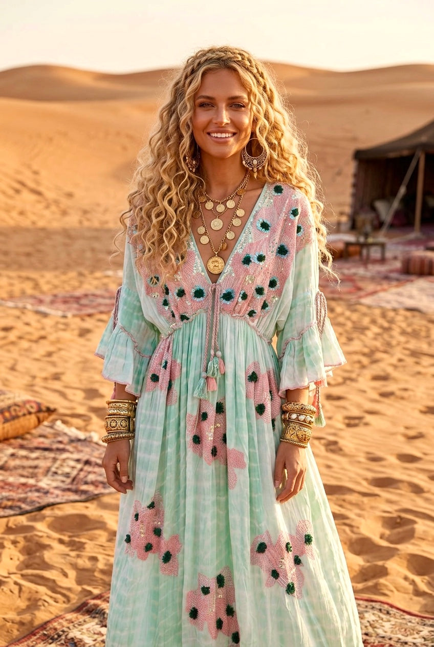 👗 Robe Longue Bohème Gypsy ESME ✨ Tie & Dye Aqua Rose | Broderies & Paillettes 🌸