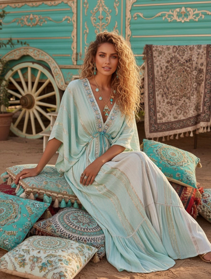Robe Longue Bohème IMANE | manches Papillon Brodé Perles & Strass 🦋