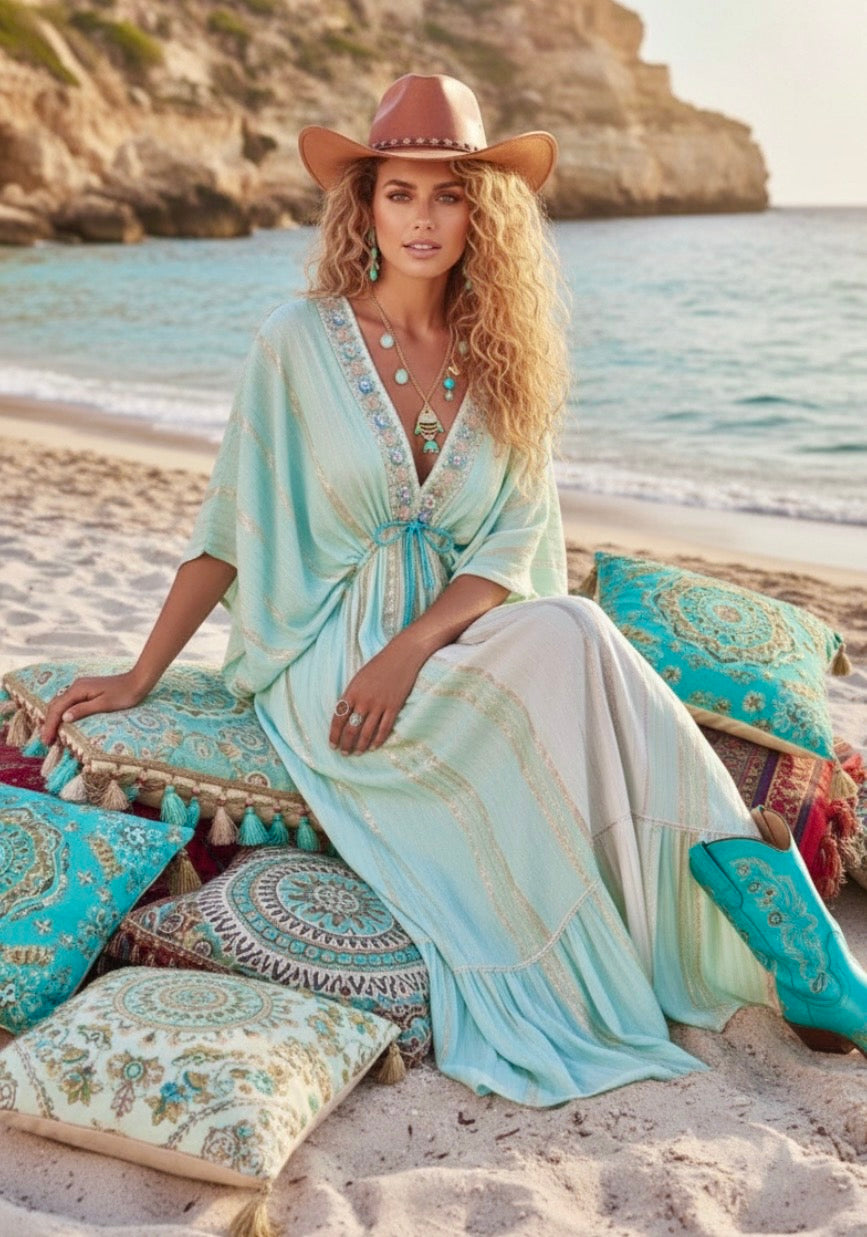 Robe Longue Bohème IMANE | manches Papillon Brodé Perles & Strass 🦋