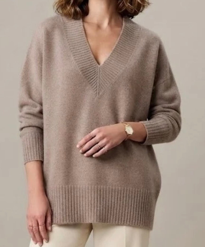 Pull Oversize Col V effet Cachemire Taupe BIRDY