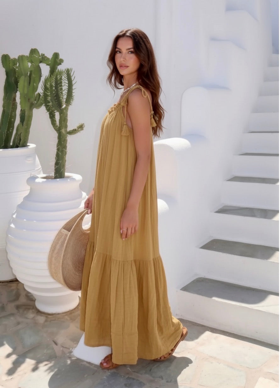 Robe LAURA – Gaze de Coton Camel | Robe Bohème Chic Taille Unique