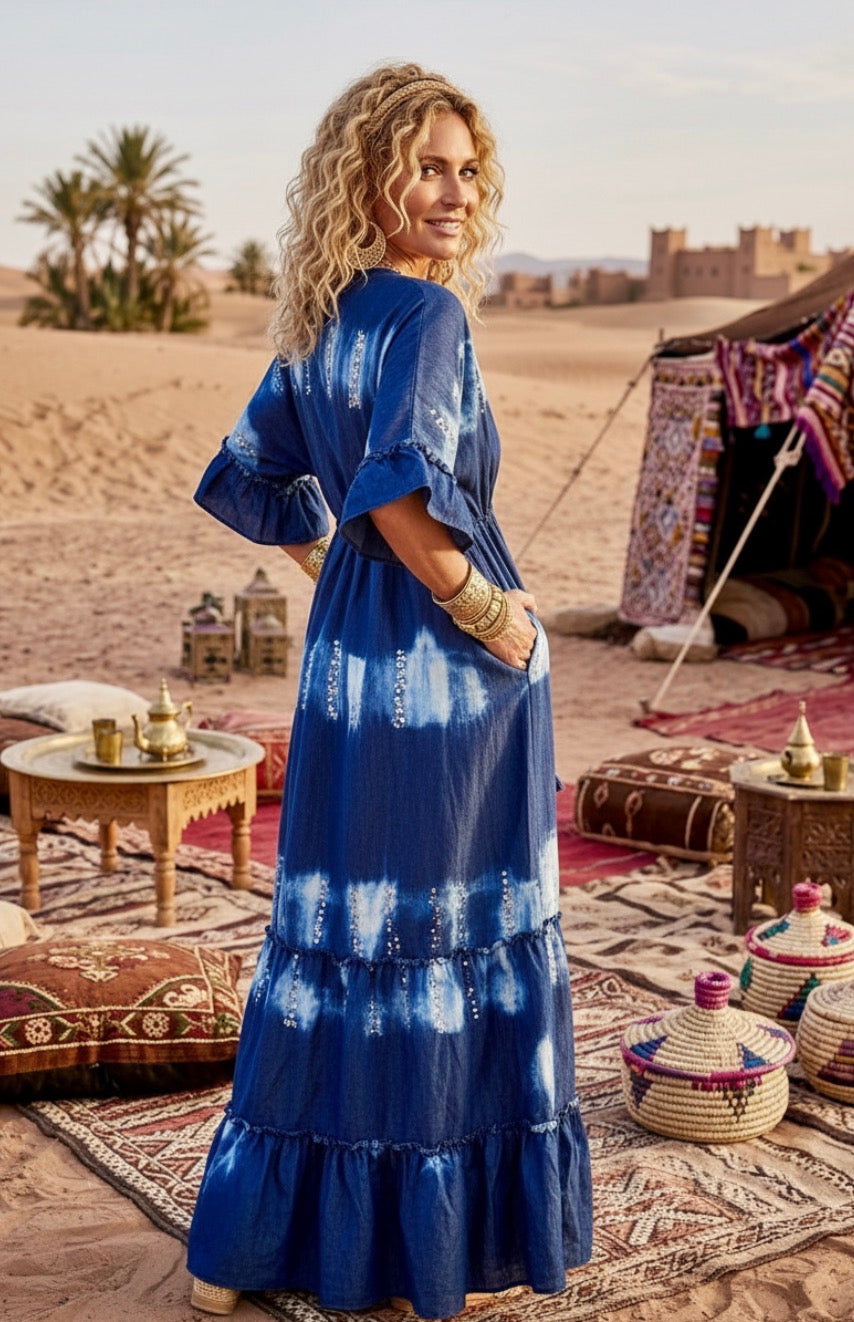 Robe Bohème Gypsy ANNA – Jean Tie & Dye Paillettes | Taille Unique