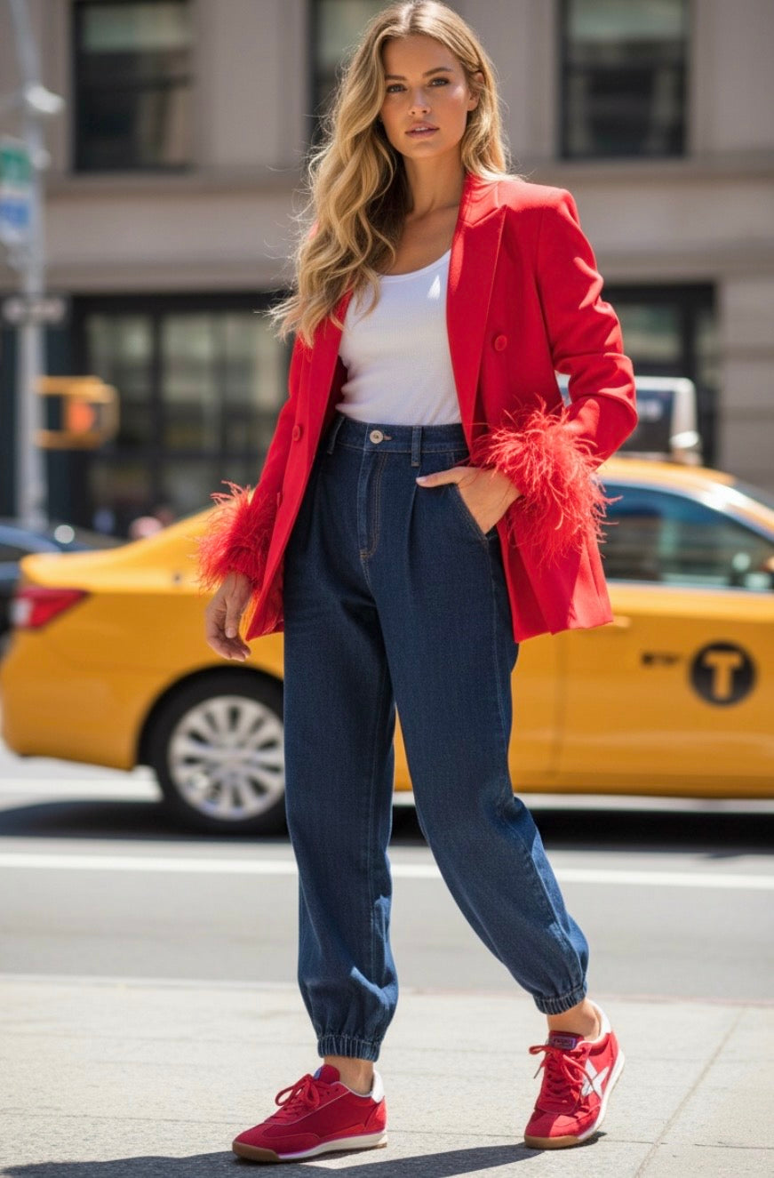 Blazer Chelsea Rouge Plumes – Veste Femme Tendance♥️