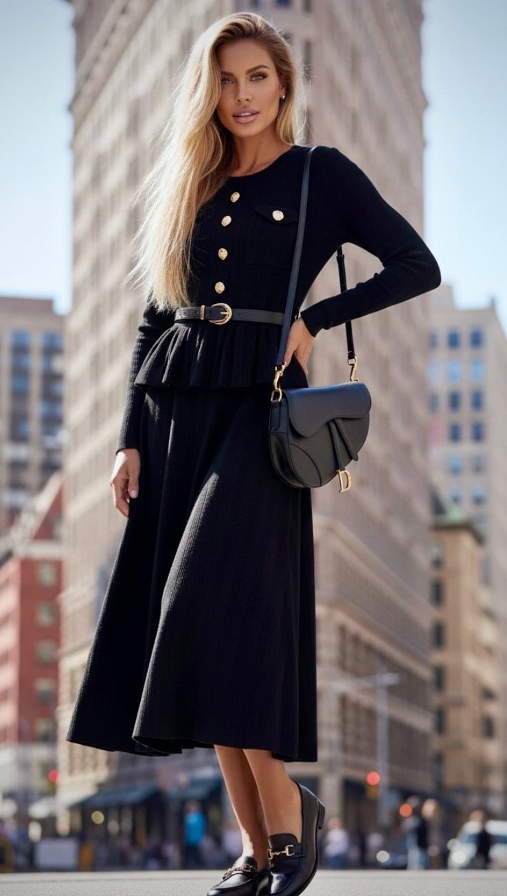 Robe Longue Noire BRITTANY — Maille Boutons Bijoux