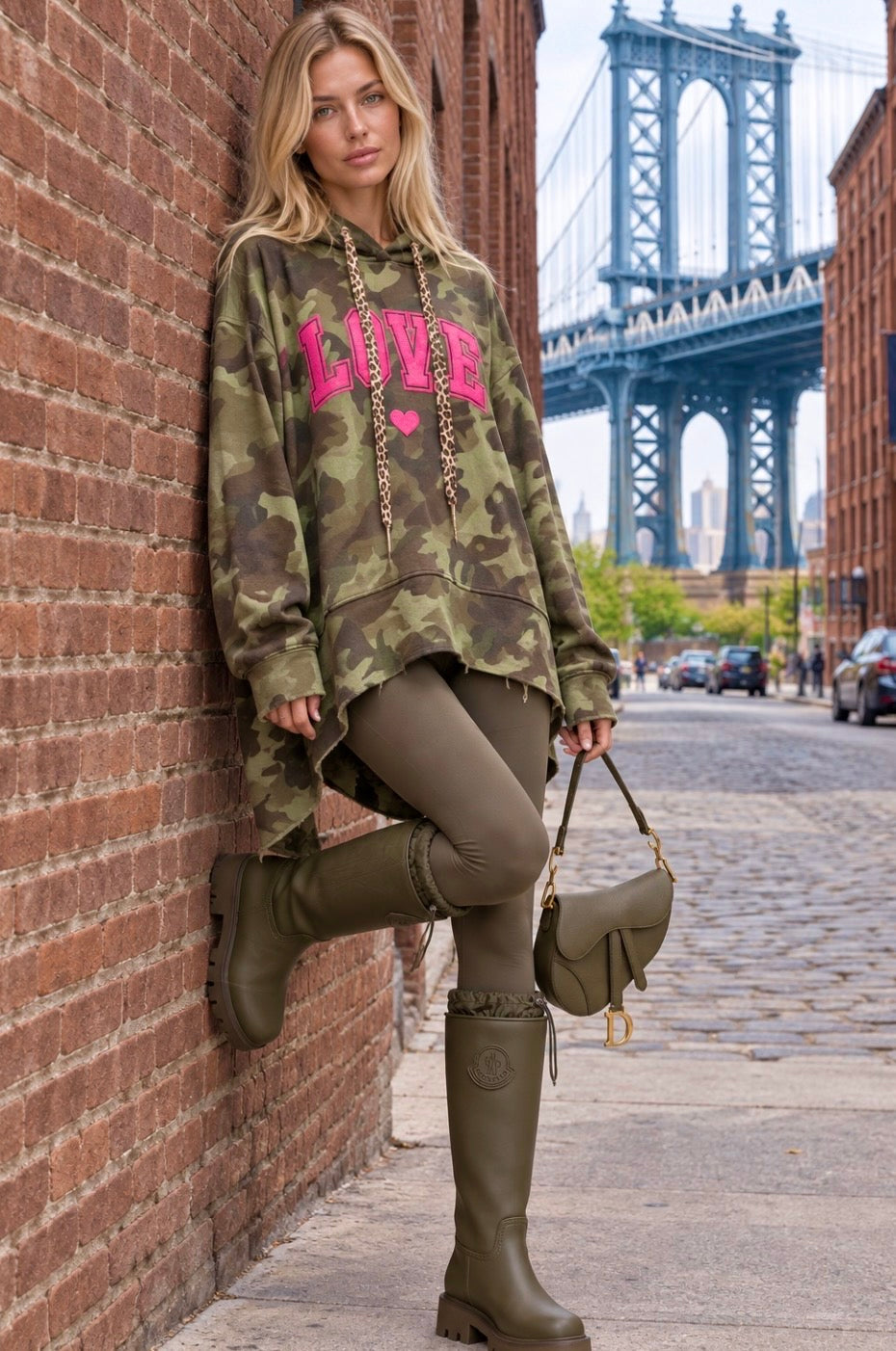 CLYDE – Sweat oversize femme à capuche camouflage kaki LOVE