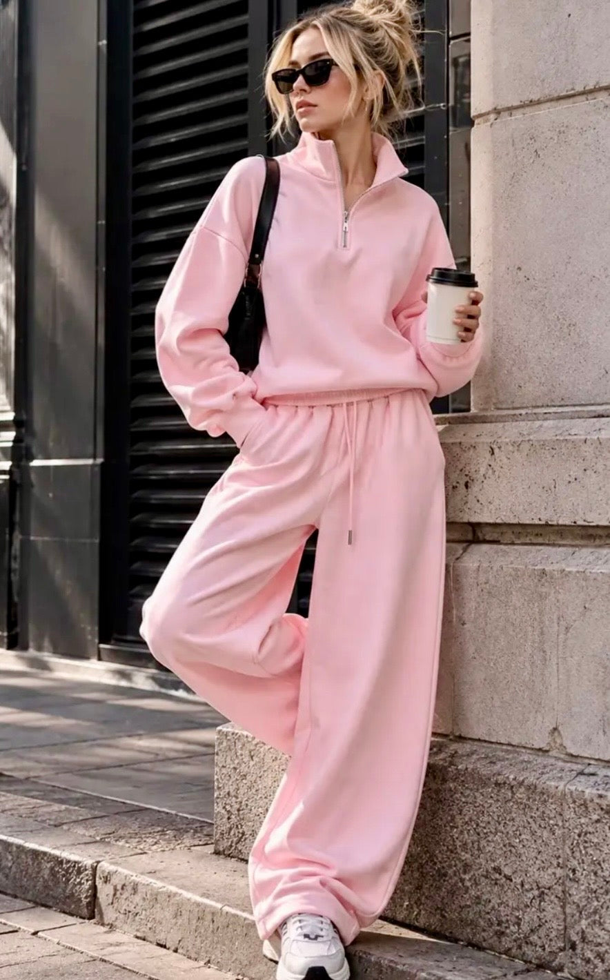 Ensemble jogging femme rose KIM – Sweat col zippé et pantalon large