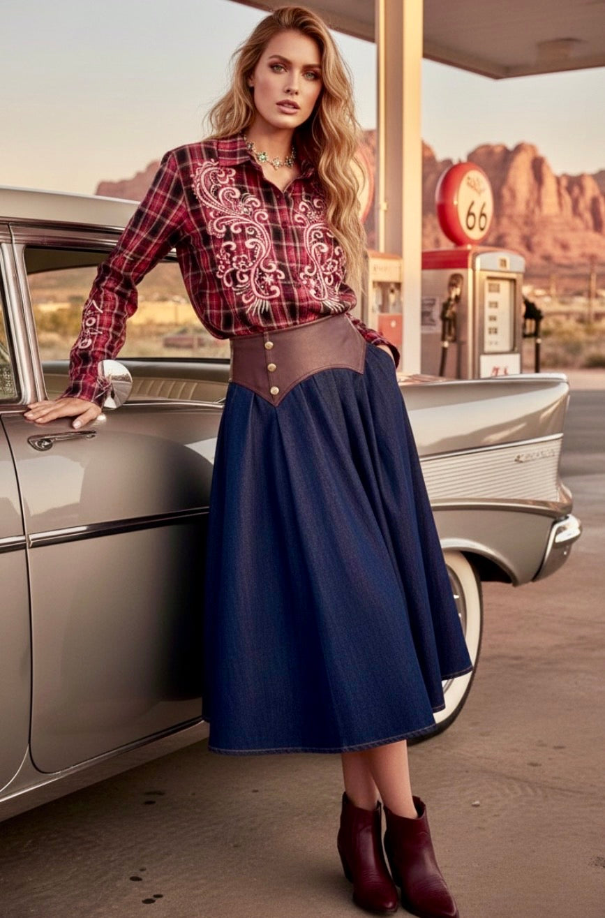 Jupe Jean Évasée LORETTA – Style Western Bohème🤎🌵