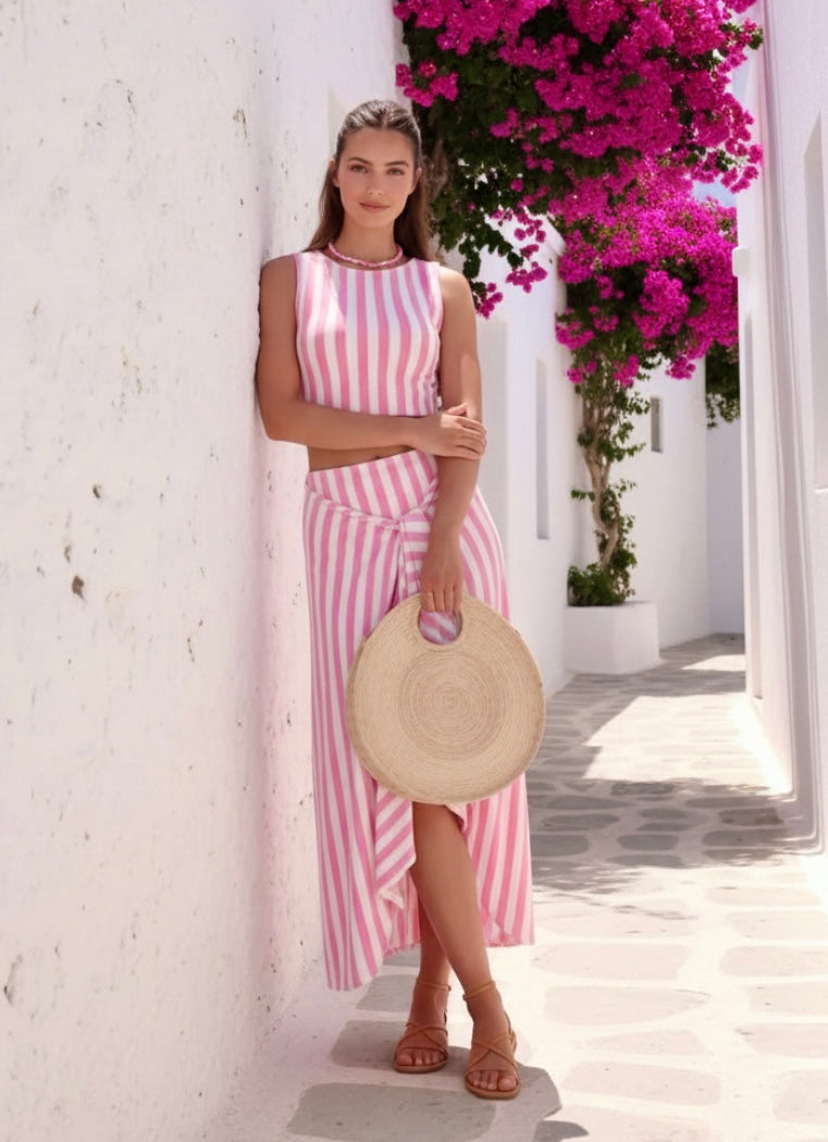 Ensemble Gloria – Top Crop & Jupe Longue Rayures Rose