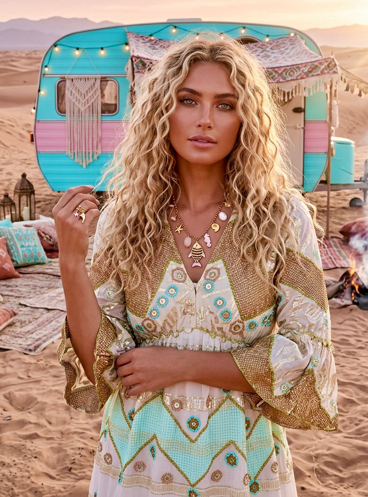 Robe Longue Sequins Dorés Style Manoush – Bohème 🌙