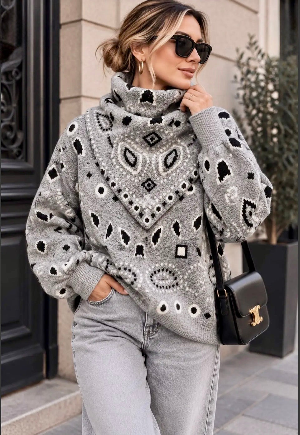 Pull avec foulard bandana en maille grise JOE