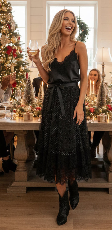 Jupe longue noire  strass et dentelle ALICIA