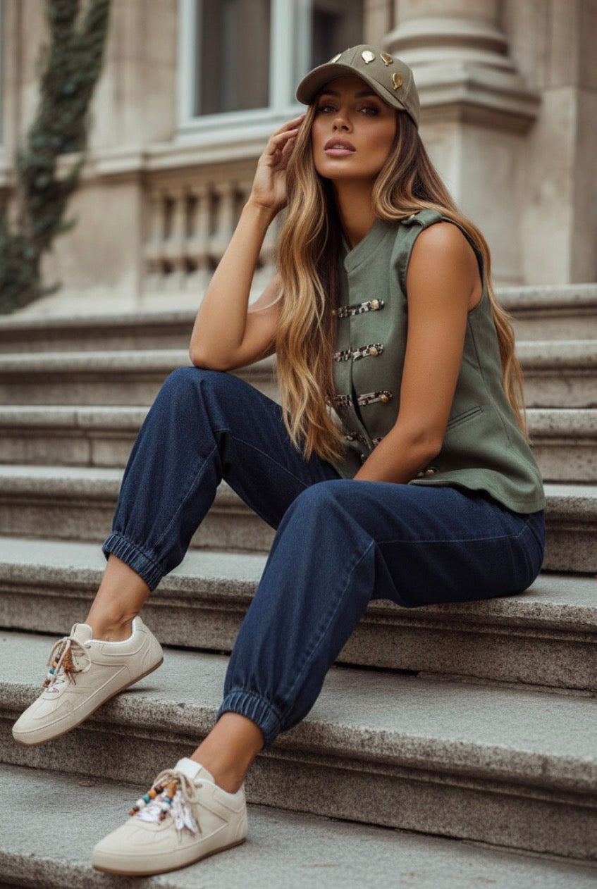 Veste Officier Sans Manches ARMY – Style Militaire Chic Kaki