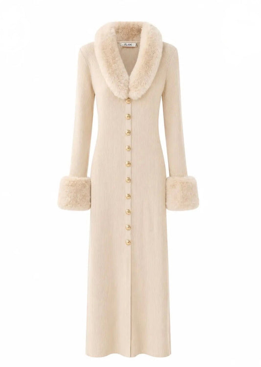 ÉLÉONORE – Robe longue chic maille & fourrure