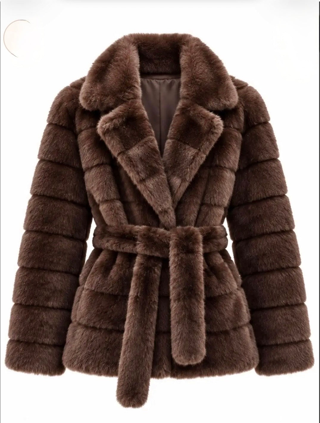 Manteau court en fausse fourrure chocolat ceinturé ELANA