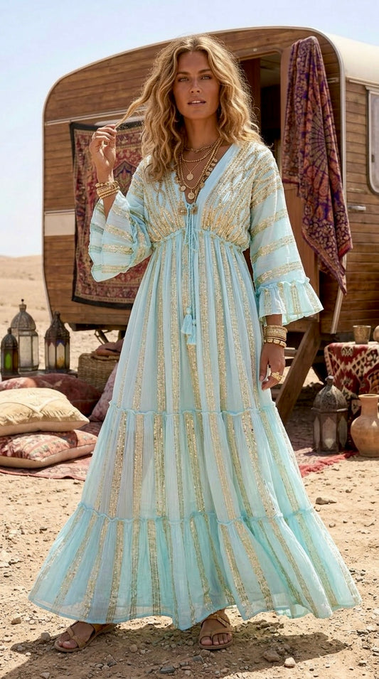 Robe Longue Bohème Gypsy EVA – Tie & Dye Aqua | Paillettes