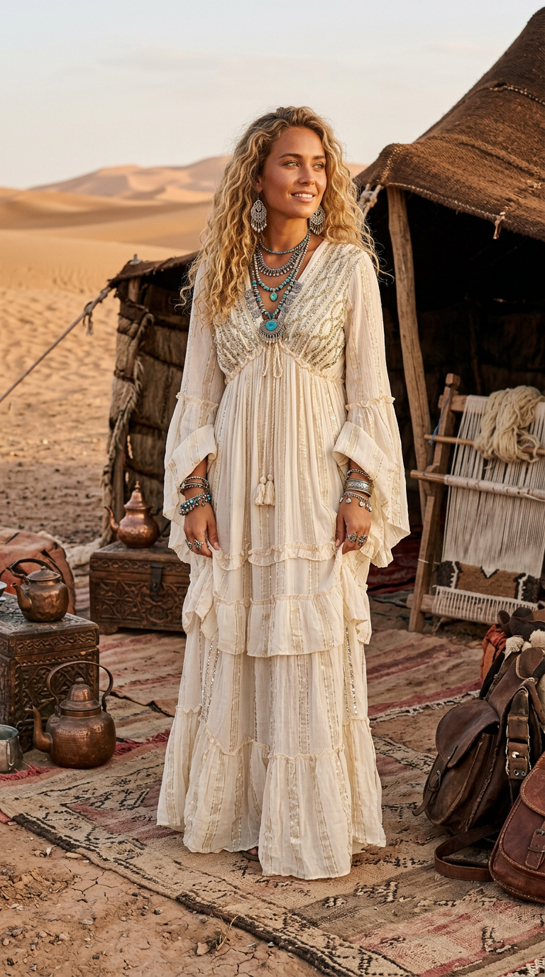Robe Longue Bohème SORAYA | Sequins & Broderies Ivoire