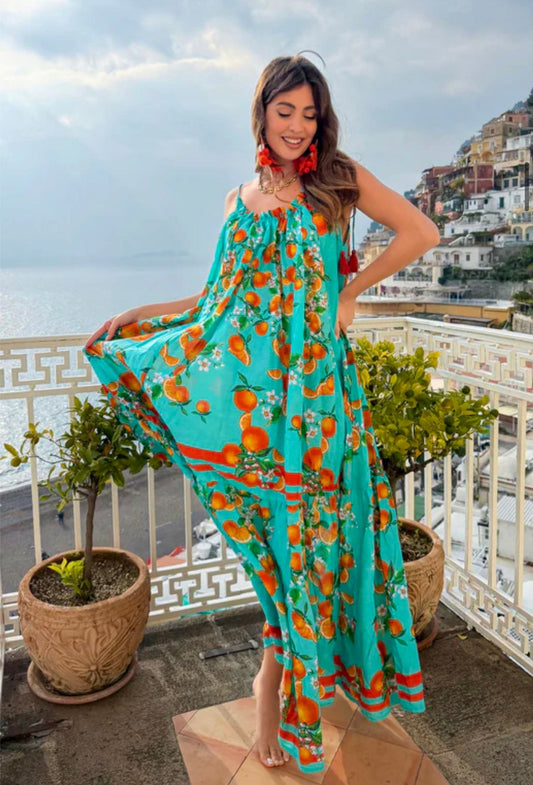 Robe Longue BARI — Imprimé Oranges Turquoise | Antica Sartoria