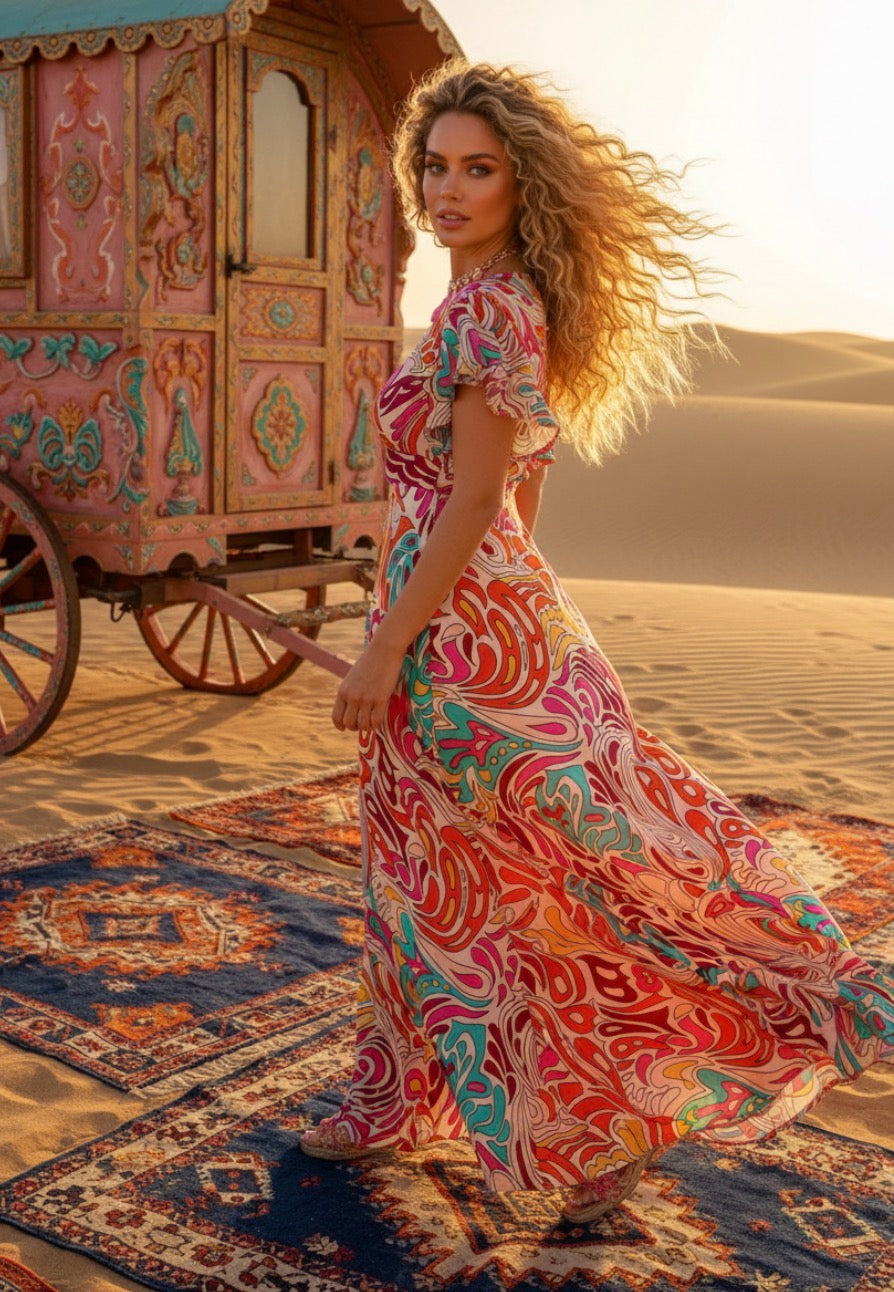 Robe Longue Bohème Léonard — Imprimé Coloré, Fluide & Élégante