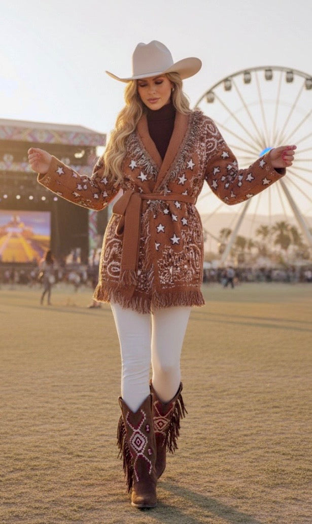 Veste Gilet Bandana Camel CALICO ✨ Étoiles & Cachemire | Franges Bohème