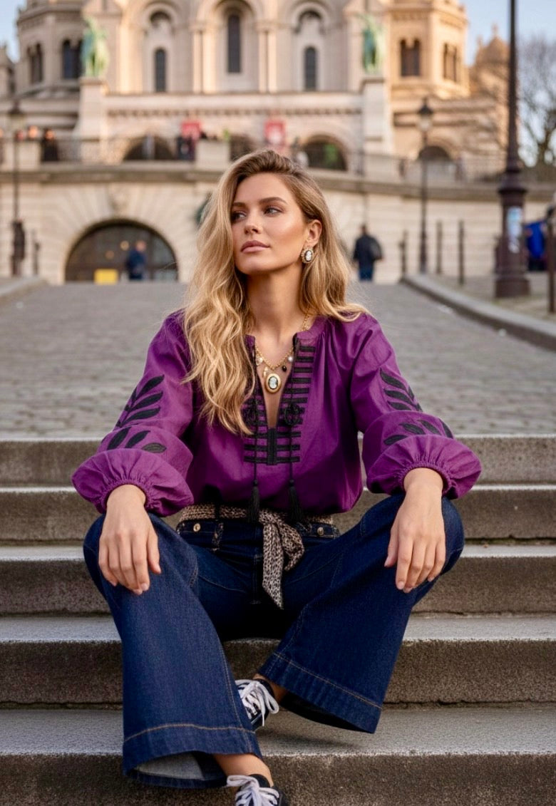 Blouse COLETTE — Violine oversize brodée