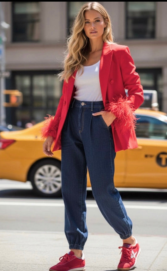 Blazer Chelsea Rouge Plumes – Veste Femme Tendance♥️