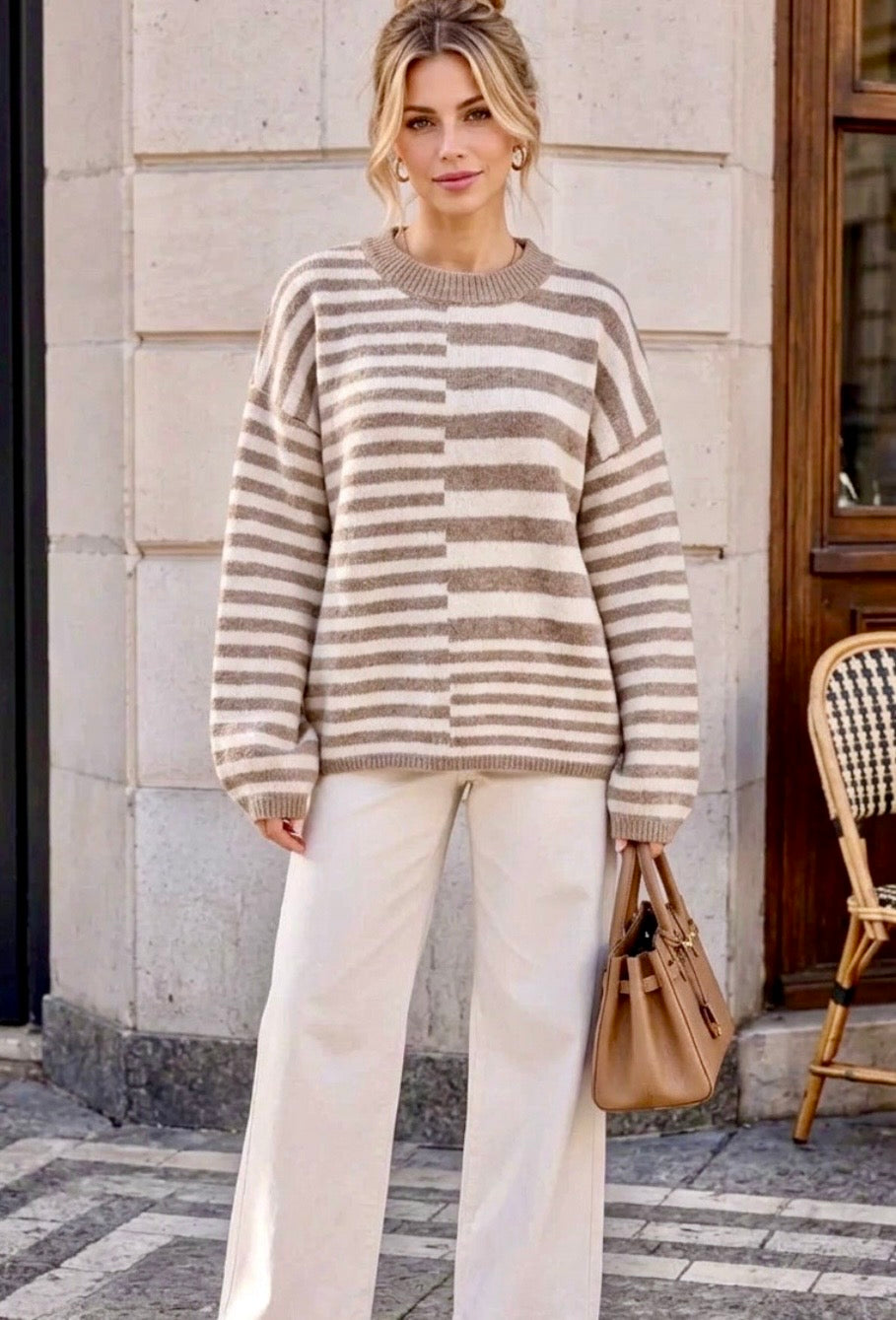 Pull marinière femme beige oversize AMOUR