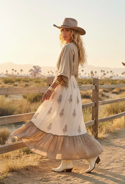 Robe longue lin AVA - manches papillon & perles bois 🌙⭐️