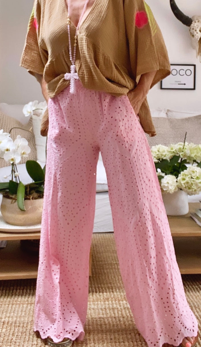 Pantalon broderie anglaise rose  LOLY