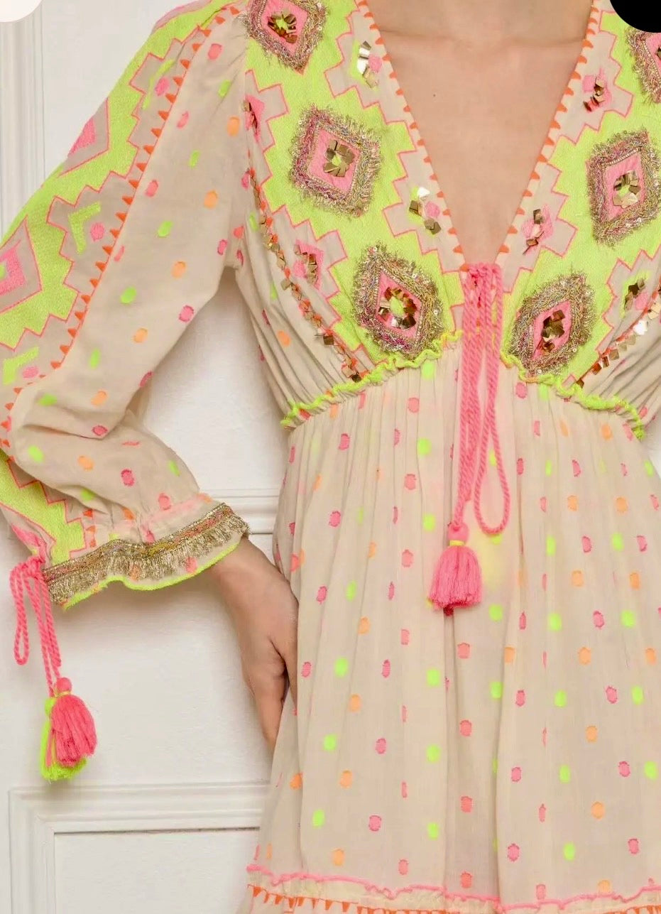 Robe Longue Bohème CALISTA — Paillettes & Pompons Gipsy🌸