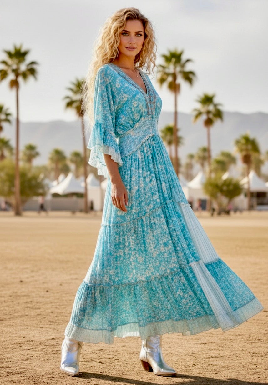 Robe Longue Bohème COACHELLA | Floral Turquoise, Broderie Sequins & Perles💫🌙