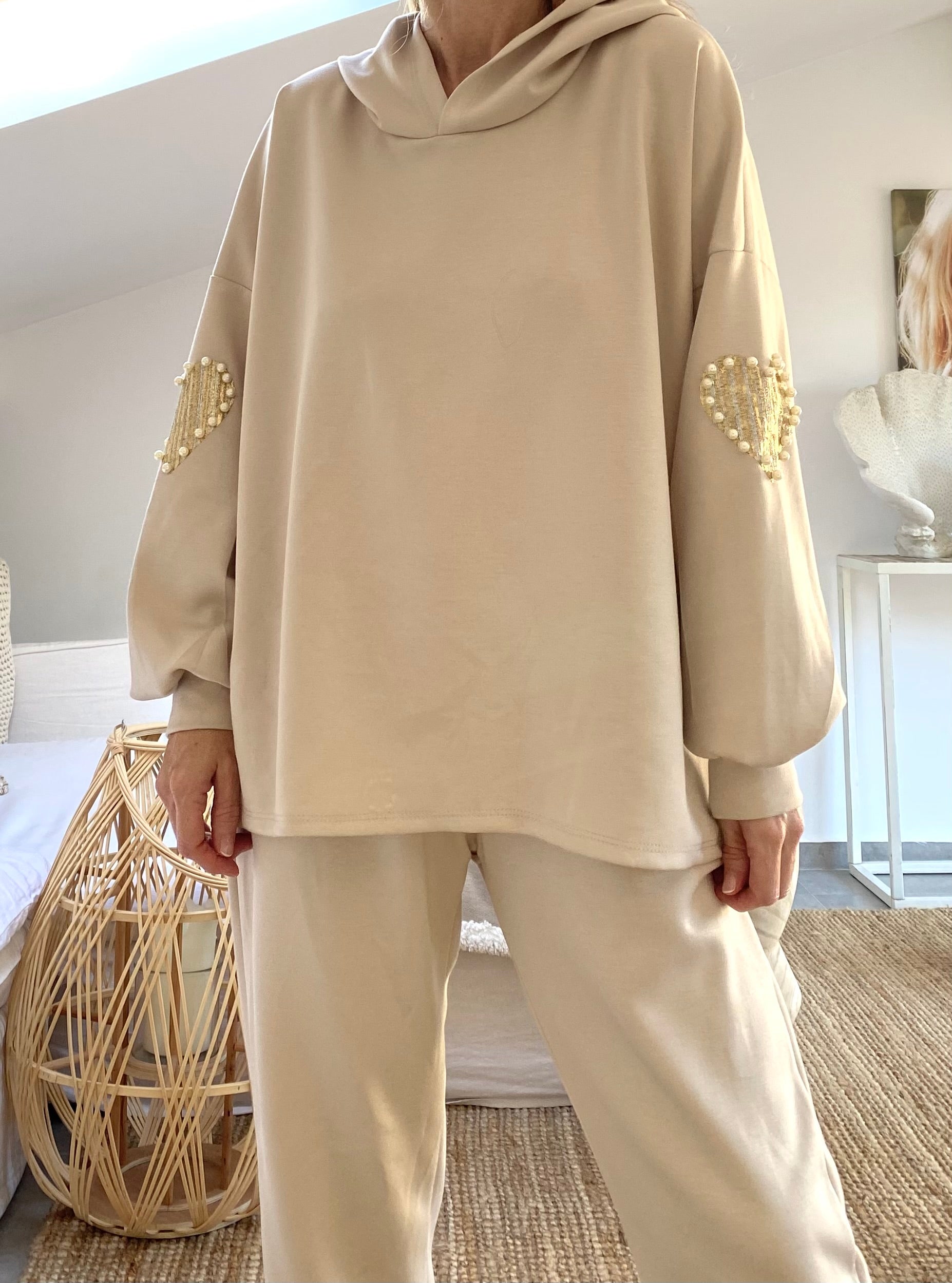 Pull sweat viscose PERLE beige à capuche