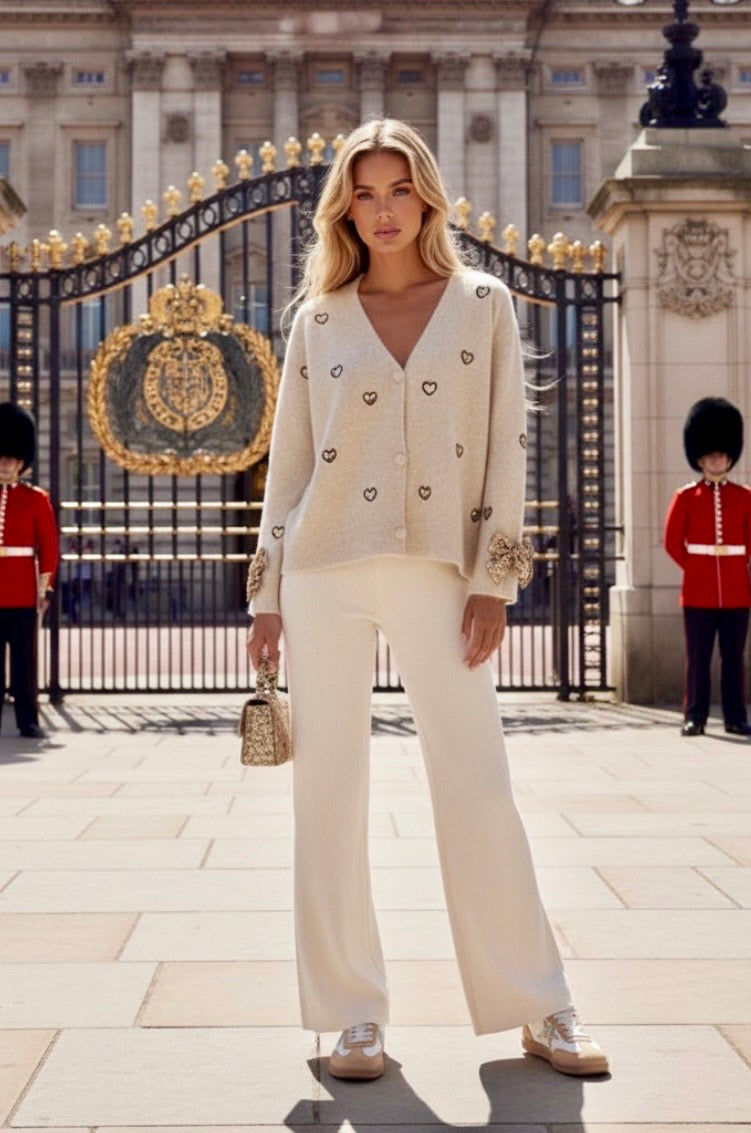 Gilet Beige – Cœurs Paillettes & Nœuds | ELIZABETH