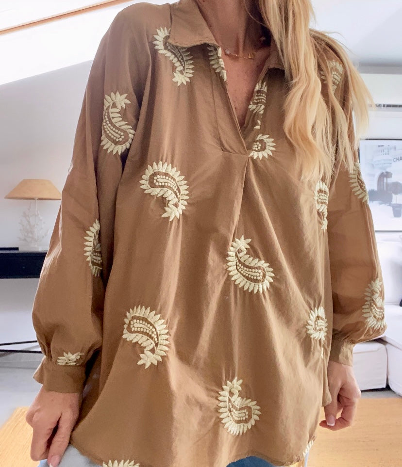 STELA camel embroidered blouse