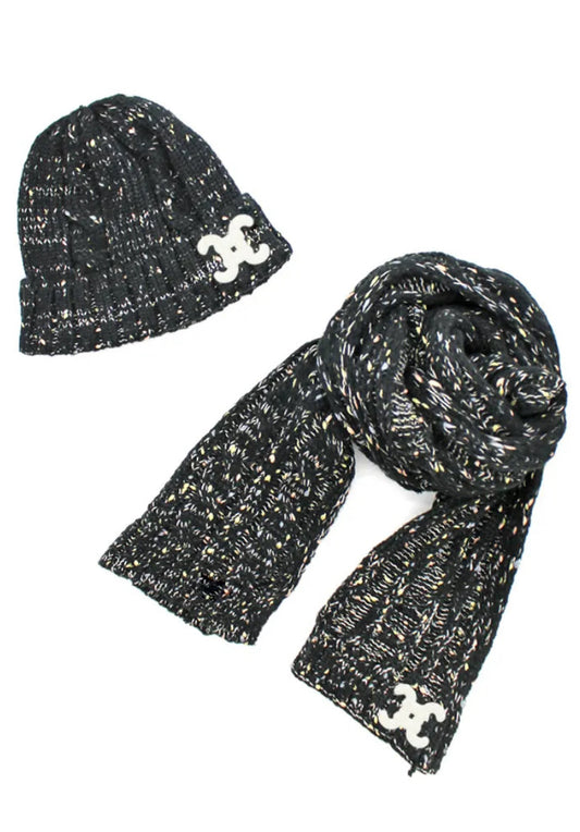 Set Bonnet & Écharpe JOE – Noir Chiné Broderie 2C