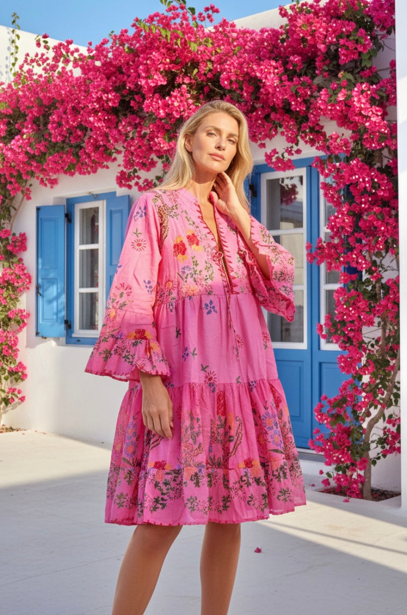Robe Bohème Rose Florale SOFIA – Coton| Manches Évasées | Resort Été